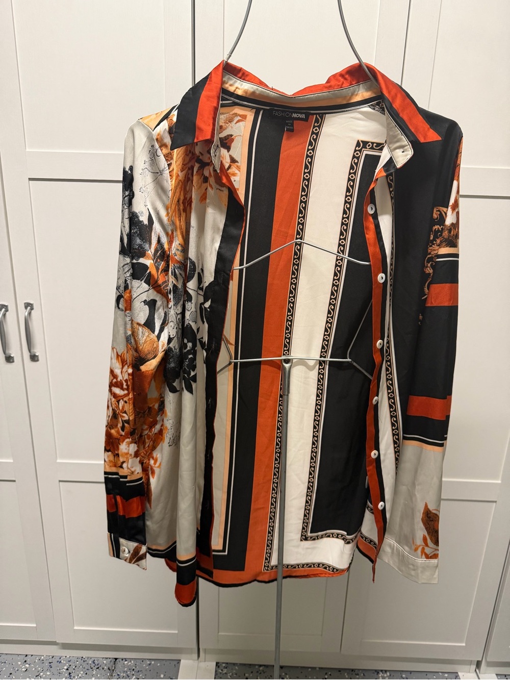 Fashion Nova Orange Black White Striped Floral Satin Button-Up Blouse